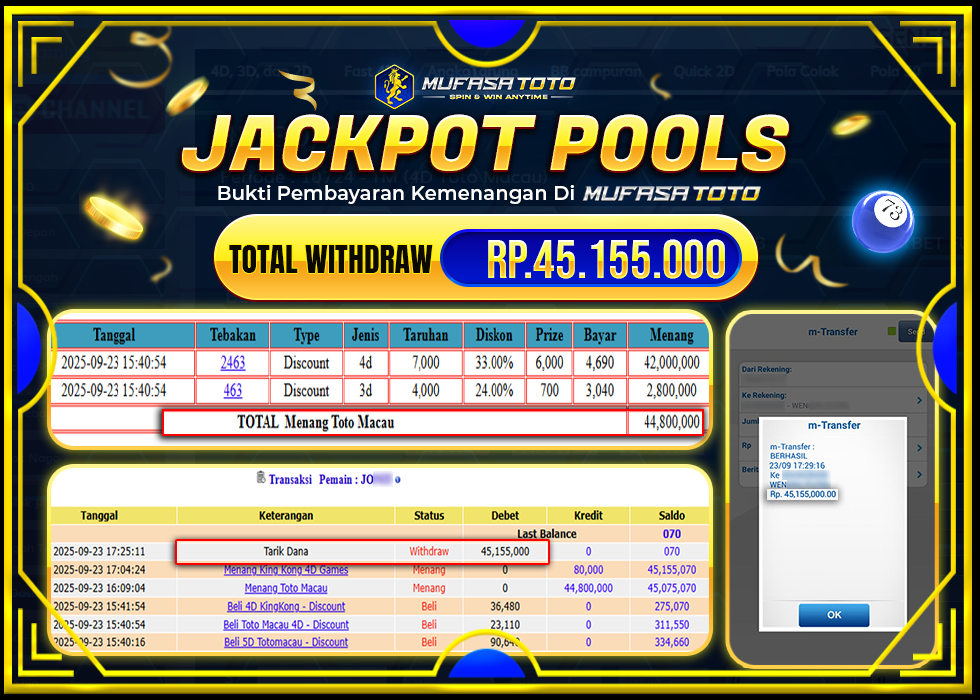 MUFASATOTO JACKPOT POOL TOTO MACAU Rp 45.155.000 | LUNAS
